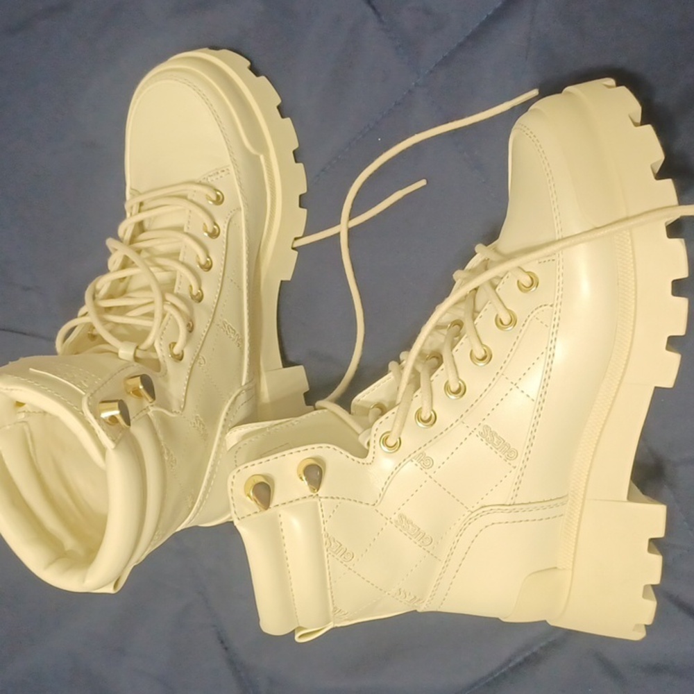 GUESS Off-White Lace-Up Boots with Gold Details